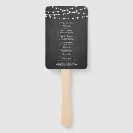 Die Saitenleuchten auf der Chalkboard-Hochzeitssam Fächer (Rückseite)