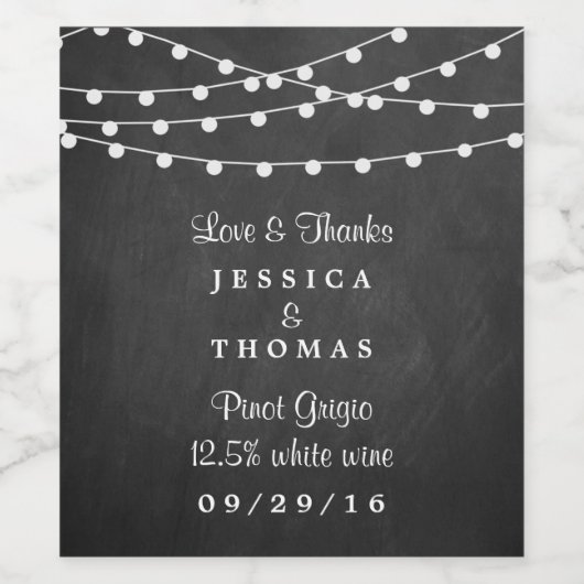 Die Saitenleuchten auf der Chalkboard-Hochzeitssam Weinetikett (Einzelnes Label)