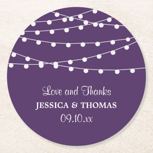 Die Saitenleuchten auf der Lila Hochzeitskollektio Runder Pappuntersetzer (Vorderseite)