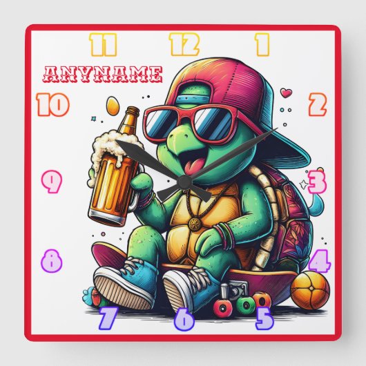 Die Schildkröte genießt einen Drink im Sommer Part Quadratische Wanduhr (Vorderseite)