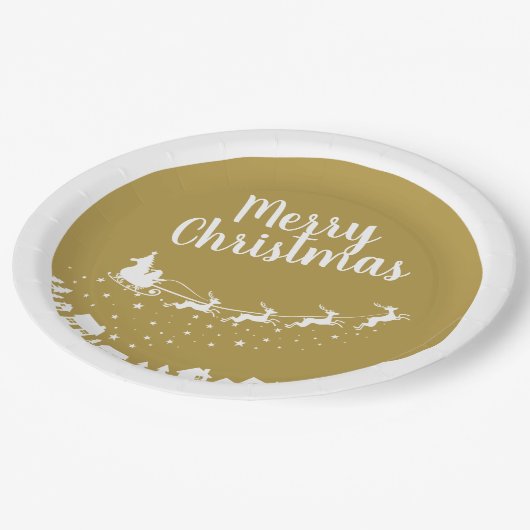 Die Schlittenhütte des Weihnachtsmanns fliegt über Pappteller (Schrägansicht)