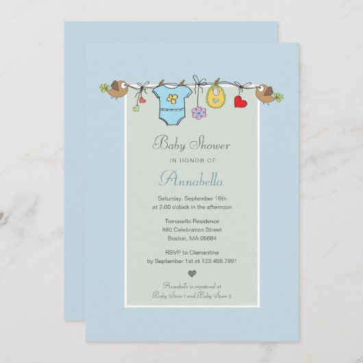 Die schöne blaue Wäscheleine bringt eine Babydusch Einladung (Vorne/Hinten)