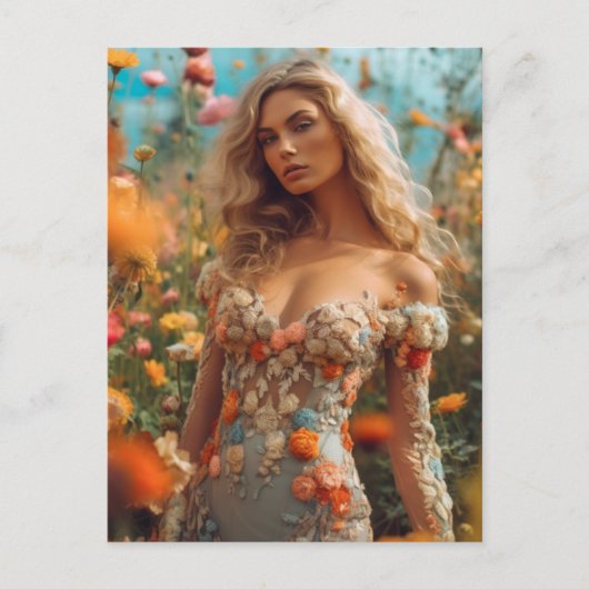 Die schöne Blondine in einem Blumenkleid Postkarte (Vorderseite)