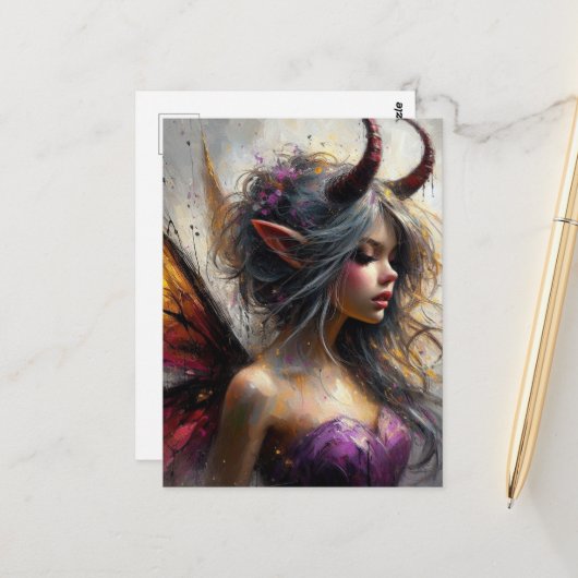 Die schöne Fee in Lila mit Hörnern  Postkarte (Vorderseite/Rückseite Beispiel)