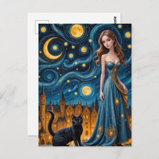 Die schöne Frau und Katze in einer Nachtstadt Postkarte (Vorne/Hinten)