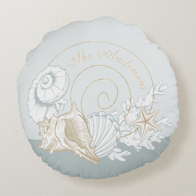 Die schöne hellblaue Korallenbräune im Küstenstil Rundes Kissen (Rückseite)