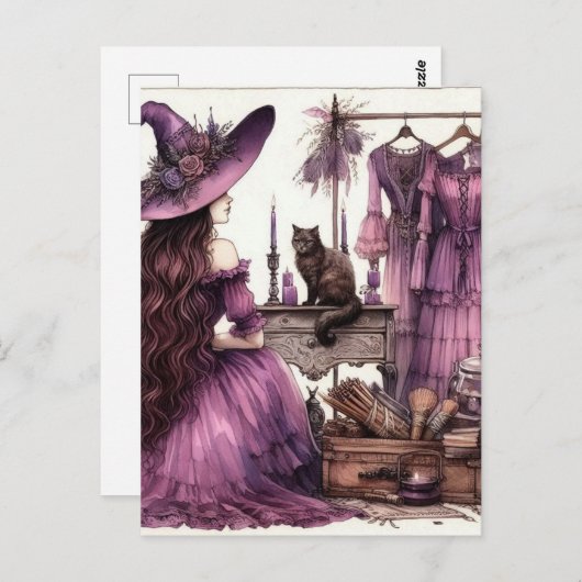 Die schöne Hexe Lila mit einer schwarzen Katze Postkarte (Vorne/Hinten)