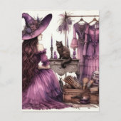 Die schöne Hexe Lila mit einer schwarzen Katze Postkarte (Vorderseite)