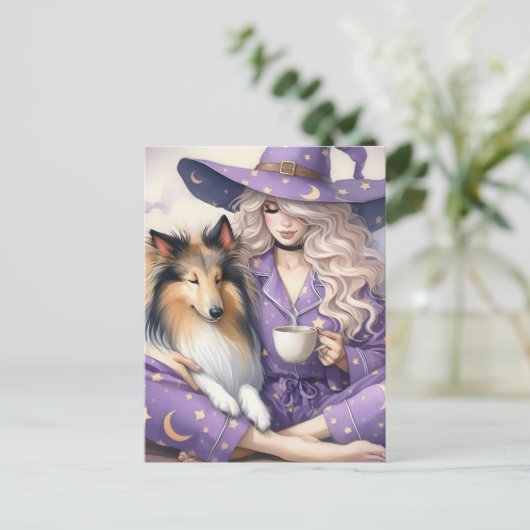Die schöne Hexe und ihr Collie Morning-Kaffee Postkarte (Stehend Vorderseite)