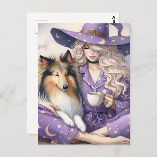 Die schöne Hexe und ihr Collie Morning-Kaffee Postkarte (Vorne/Hinten)