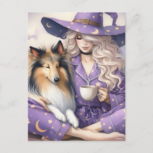 Die schöne Hexe und ihr Collie Morning-Kaffee Postkarte (Vorderseite)