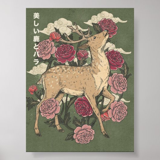 Die schöne Hirsch und Rosen Poster (Vorne)