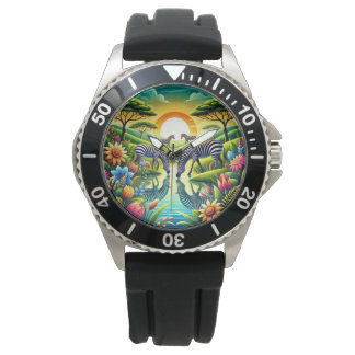 Die Schönheit der Natur mit Zebras Drinken am Flus Armbanduhr