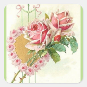 Die schönsten Vintage-Rosen und das Herz Quadratischer Aufkleber