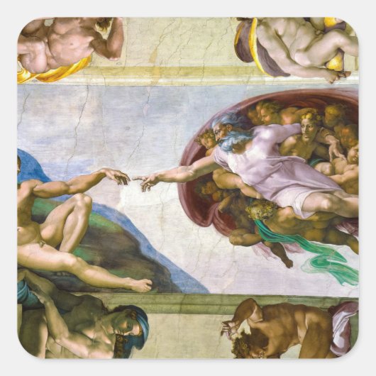 Die Schöpfung Adams durch Michelangelo Quadratischer Aufkleber (Vorderseite)