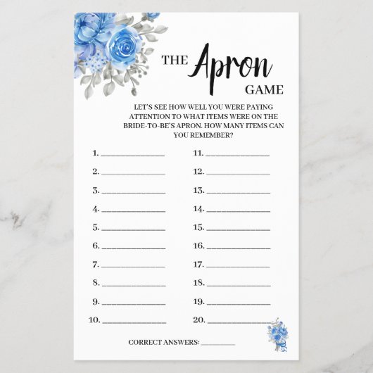 Die Schürze Game BlueFlowers Brautparty Game Card Flyer (Vorne)