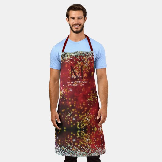 Die schwarze glatte Glattglasur, die rote, benutze Schürze (Getragen)