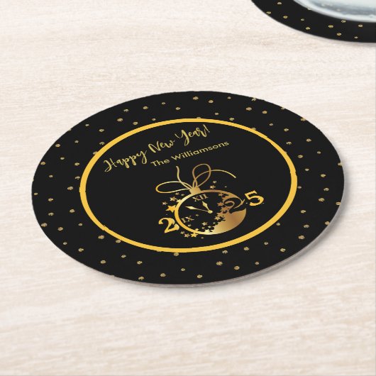 Die Schwarze goldene Uhr jedes Jahres ist glücklic Runder Pappuntersetzer (Angewinkelt)