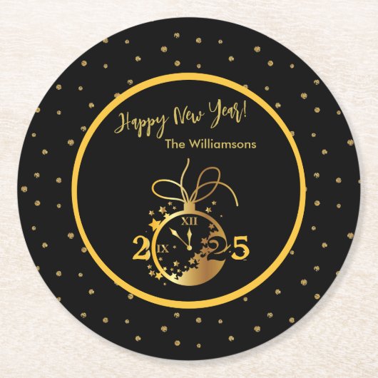 Die Schwarze goldene Uhr jedes Jahres ist glücklic Runder Pappuntersetzer (Vorderseite)