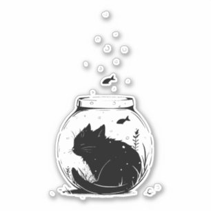 Die schwarze Katze in einer Fischschüssel messen Aufkleber