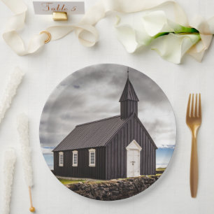 Die Schwarze Kirche Budir, Island Pappteller
