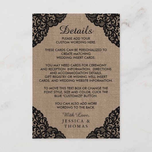 Die schwarze Spitze der rustikalen Hochzeitskollek Begleitkarte (Vorderseite)