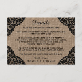 Die schwarze Spitze der rustikalen Hochzeitskollek Begleitkarte