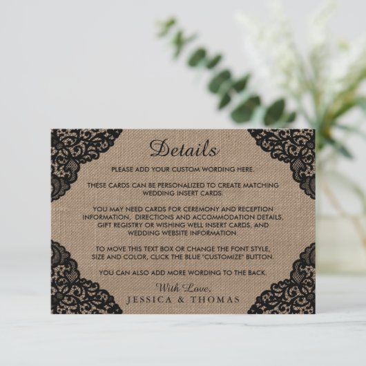 Die schwarze Spitze der rustikalen Hochzeitskollek Begleitkarte (Stehend Vorderseite)