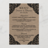 Die schwarze Spitze der rustikalen Hochzeitskollek Menükarte (Vorderseite)