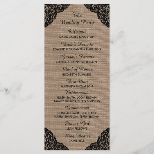 Die schwarze Spitze der rustikalen Hochzeitskollek Programm (Rückseite)