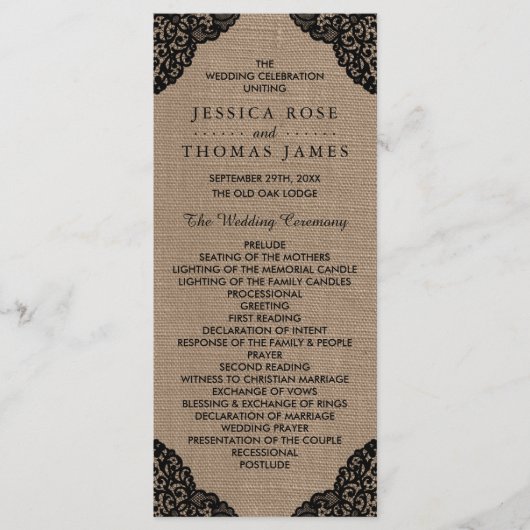 Die schwarze Spitze der rustikalen Hochzeitskollek Programm (Vorderseite)