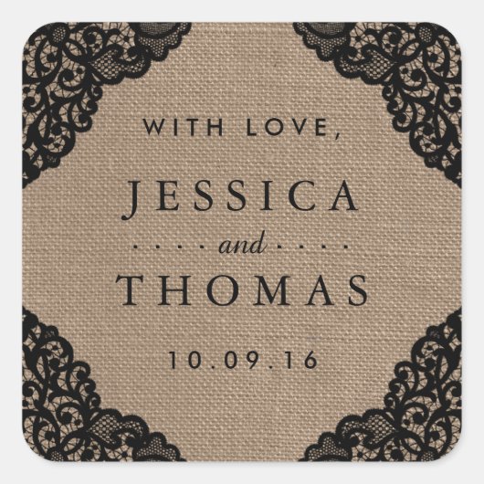 Die schwarze Spitze der rustikalen Hochzeitskollek Quadratischer Aufkleber (Vorderseite)