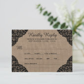 Die schwarze Spitze der rustikalen Hochzeitskollek RSVP Karte (Stehend Vorderseite)