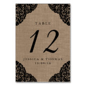 Die schwarze Spitze der rustikalen Hochzeitskollek Tischnummer (Rückseite)