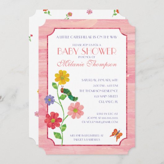 Die sehr hungrige Raupe | Pink Baby Dusche Einladung (Vorne/Hinten)