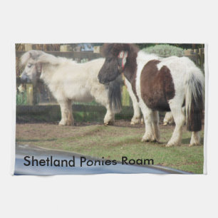 Die Shetlandinseln-Ponys durchstreifen Geschirrtuch