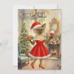 Die Siamkatze serviert Weihnachtsgetränke mit Keks Feiertagskarte