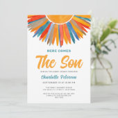 Die Sonne kommt hier zur Son Boy Baby Dusche Einladung (Stehend Vorderseite)
