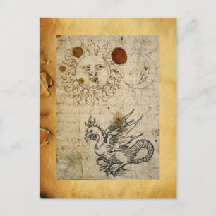 DIE SONNE, MOND UND BASILISK ANTIKE PERGAMENT POSTKARTE