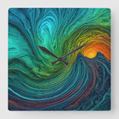 "Die Sonne verschwindet" Abstrakte Fraktal-Waves Quadratische Wanduhr (Vorderseite)