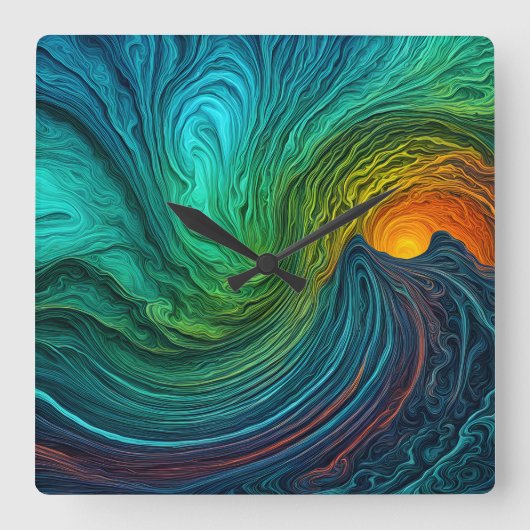 "Die Sonne verschwindet" Abstrakte Fraktal-Waves Quadratische Wanduhr (Vorderseite)