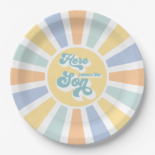 Die sonnengelbe Babydusche kommt hier. Pappteller (Vorderseite)