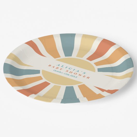 Die sonnengelbe Babydusche kommt hier. Pappteller (Schrägansicht)