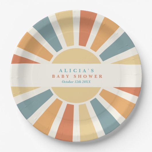 Die sonnengelbe Babydusche kommt hier. Pappteller (Vorderseite)