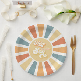 Die sonnengelbe Babydusche kommt hier. Pappteller