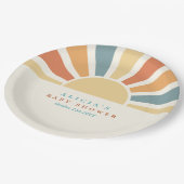 Die sonnengelbe Babydusche kommt hier. Pappteller (Schrägansicht)