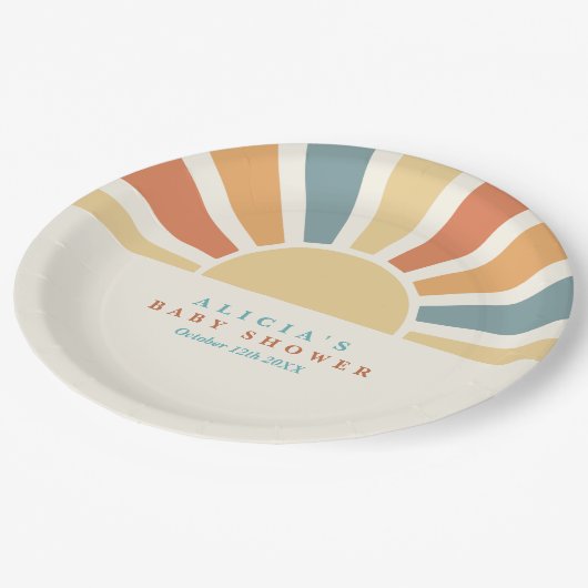 Die sonnengelbe Babydusche kommt hier. Pappteller (Schrägansicht)