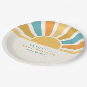 Die sonnengelbe Babydusche kommt hier. Pappteller (Schrägansicht)