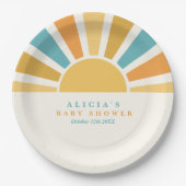 Die sonnengelbe Babydusche kommt hier. Pappteller (Vorderseite)