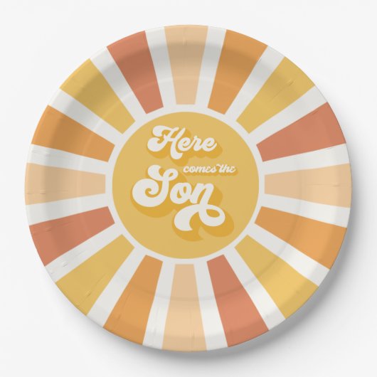 Die sonnengelbe Babydusche kommt hier. Pappteller (Vorderseite)